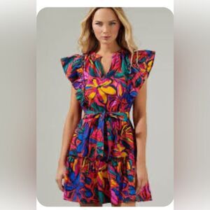 Sugarlips Rainbow Tropics Floral Mini Dress V-Neck Flutter Sleeve Size Medium